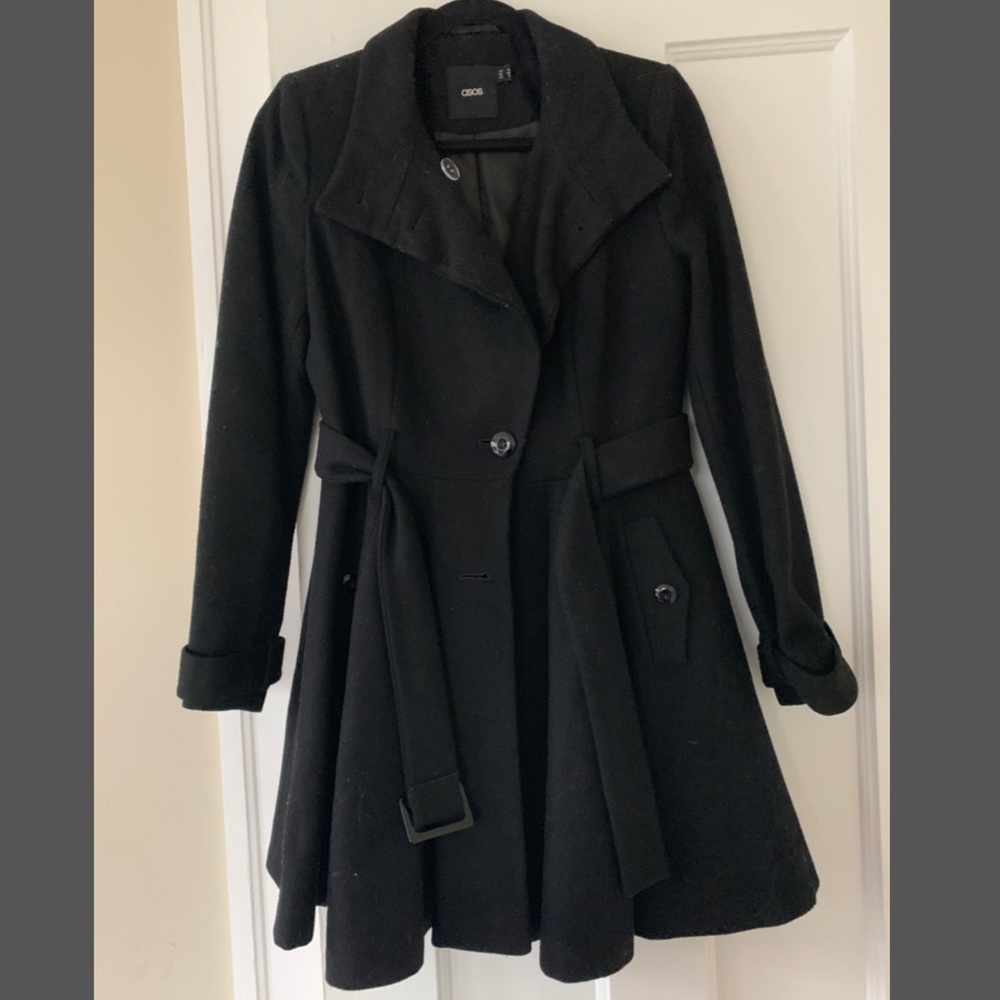 🖤 ASOS Black Flared Wool Trench Coat Size 6